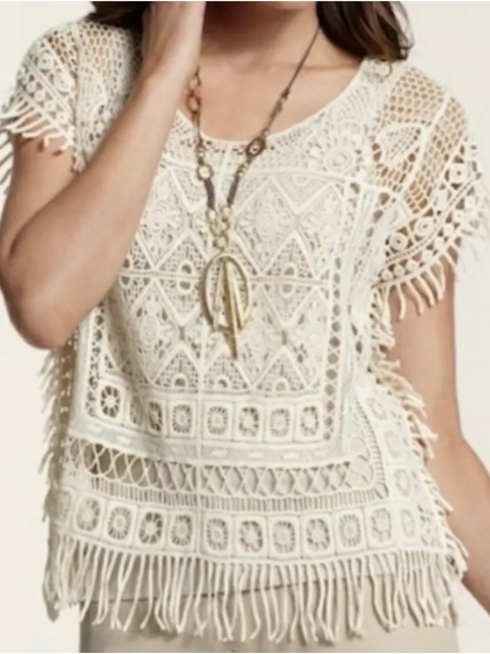 Crocheted Boho Fringed Cotton Hippie Top Ivory Size Small /Medium Chicos Cowgirl